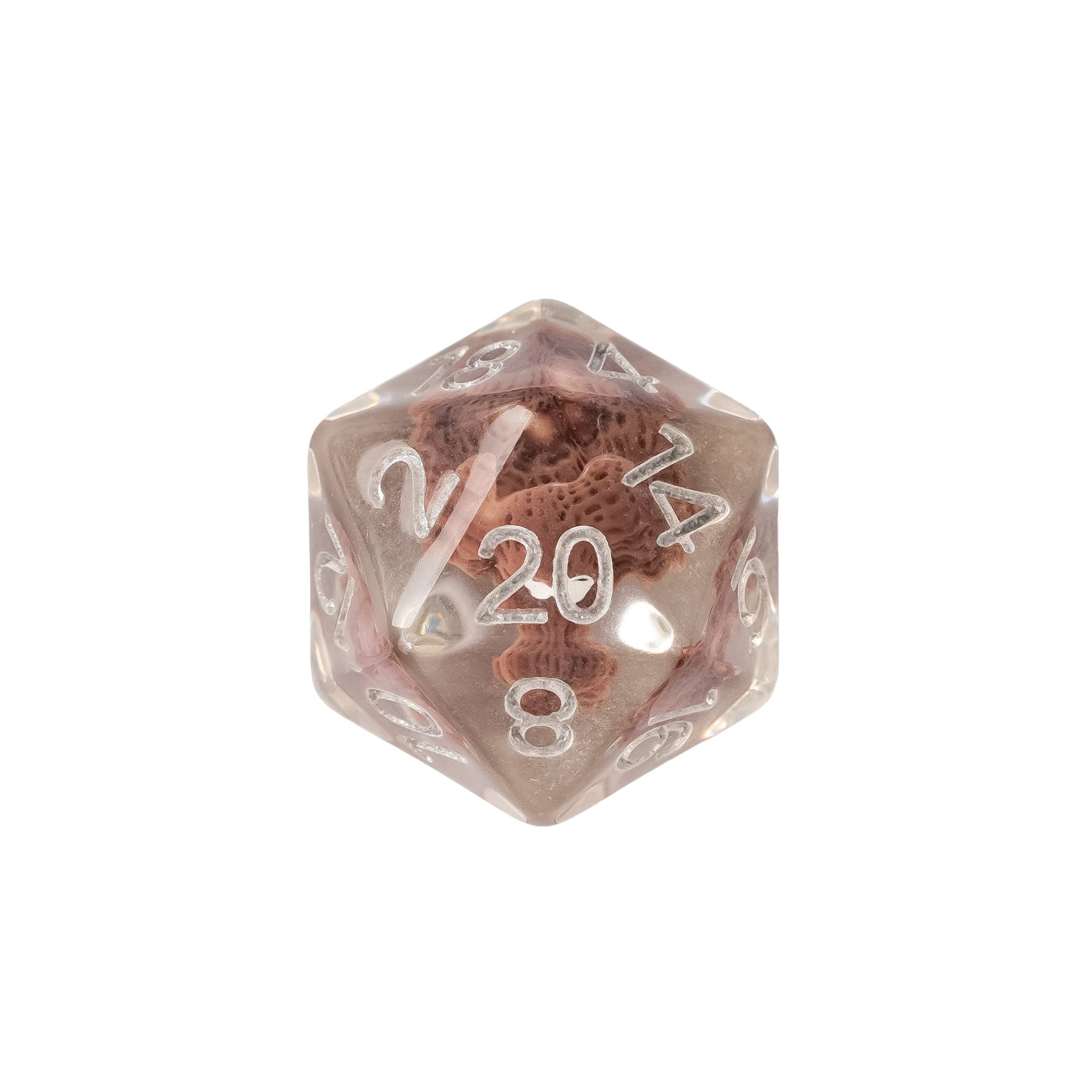 Transparent Doggo D20 featuring an adorable miniature dog suspended inside clear resin with easy-to-read silver numbering for DnD