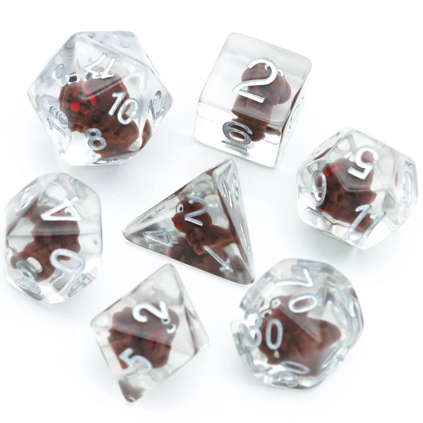Transparent Doggo Dice Set with small brown dog figurines inside clear resin dice and white numbering