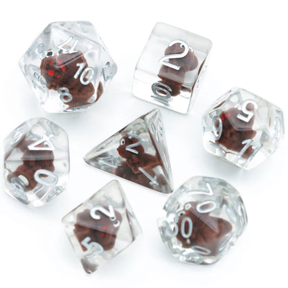 Transparent Doggo Dice Set with small brown dog figurines inside clear resin dice and white numbering