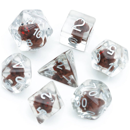 Transparent Doggo Dice Set with small brown dog figurines inside clear resin dice and white numbering