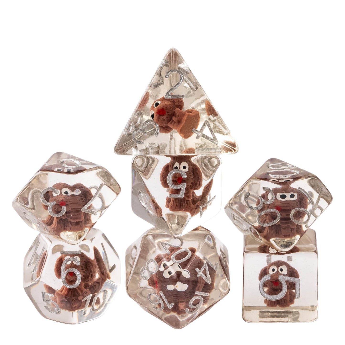 Transparent Doggo dice set featuring adorable miniature dog figures suspended inside clear resin polyhedral dice with easy-to-read silver numbering for DnD