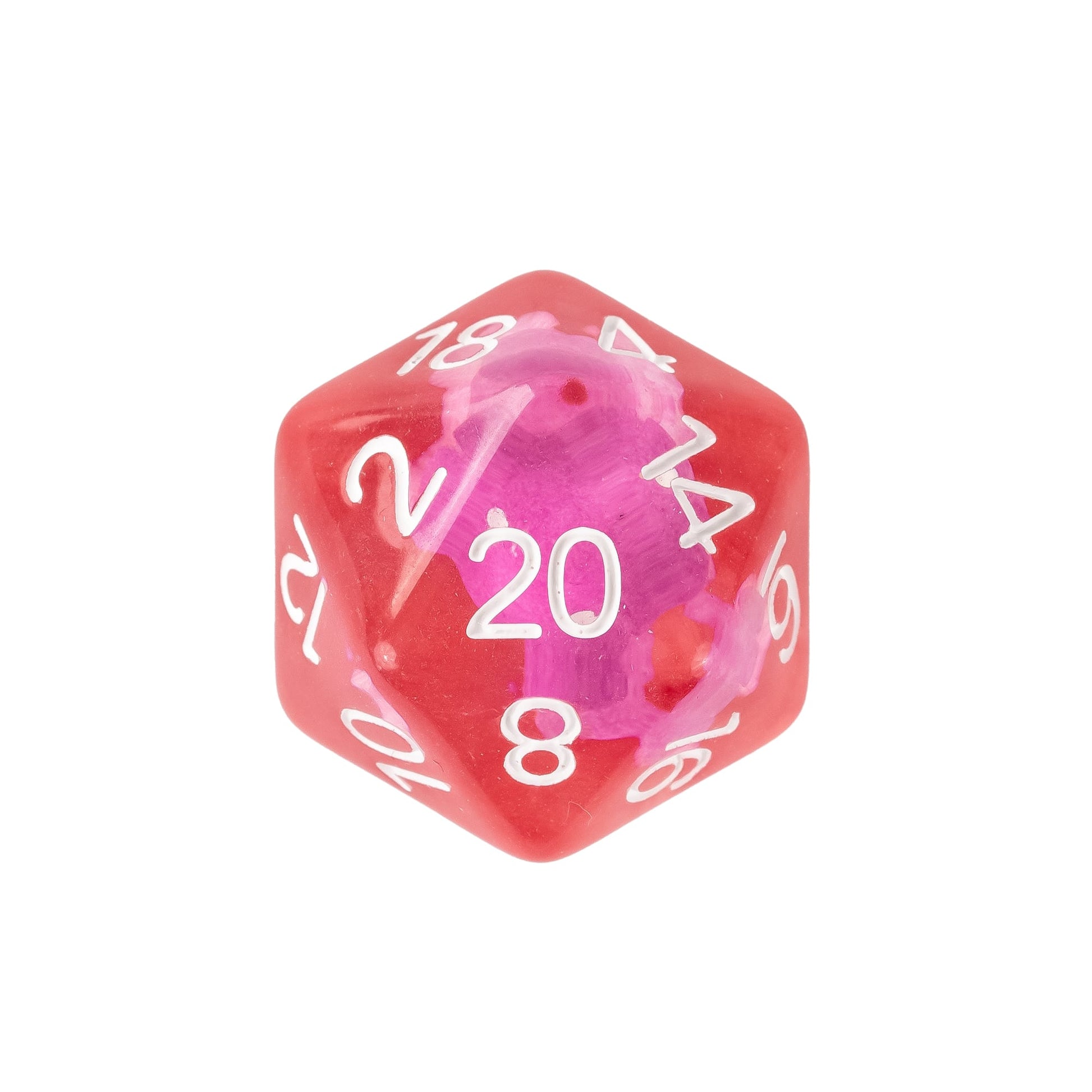 Transparent red resin D20 featuring a pink fey mushroom with white numbering