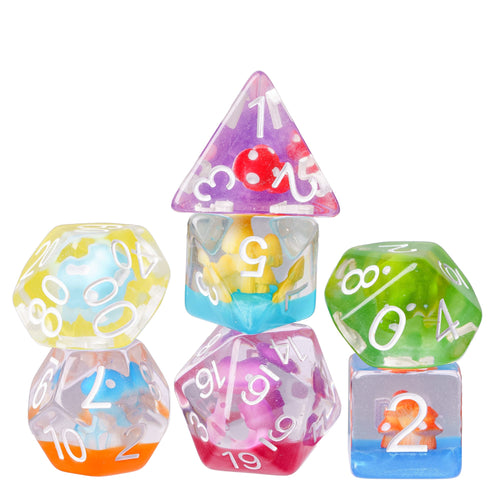 Transparent Feyshroom dice set, multicolor resin polyhedral dice with mushroom designs for DnD