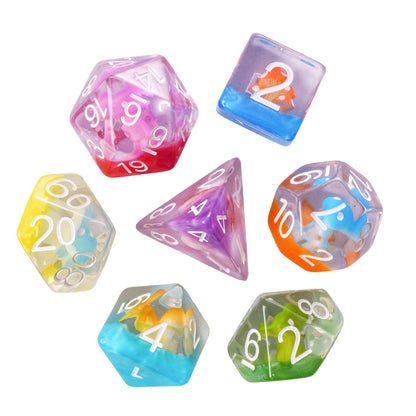 Transparent Feyshroom 7 piece multicolor dice set, resin polyhedral dice for DnD & RPG players