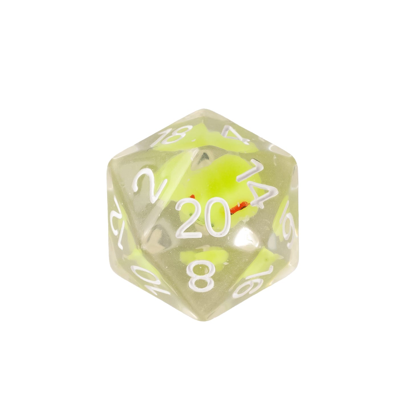 Close up of Transparent Froggo resin D20 featuring a suspended neon green frog inclusion inside clear resin with white numbering for DnD and tabletop RPGs