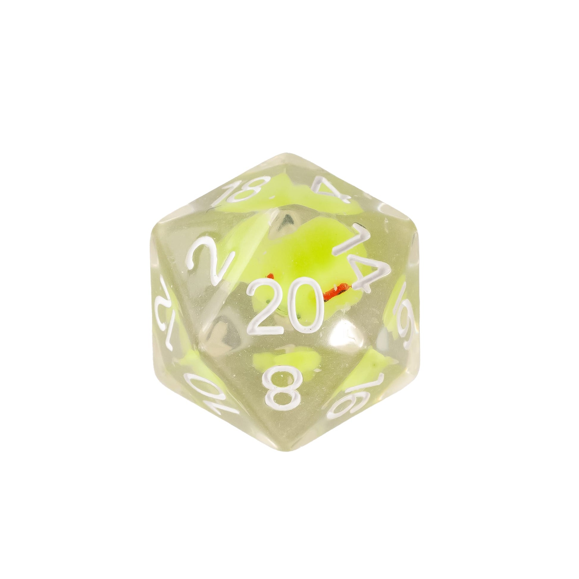 Close up of Transparent Froggo resin D20 featuring a suspended neon green frog inclusion inside clear resin with white numbering for DnD and tabletop RPGs