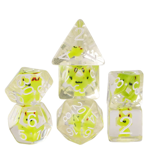 Transparent Froggo resin dice set featuring clear dice with suspended neon green frog inclusions and white numbering for DnD and tabletop RPGs