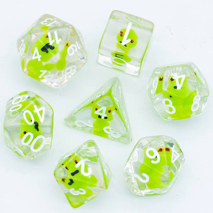 Transparent Froggo Dice Set with bright green frog miniatures inside clear resin dice and white numbering