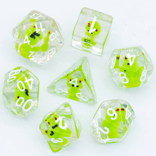 Transparent Froggo Dice Set with bright green frog miniatures inside clear resin dice and white numbering