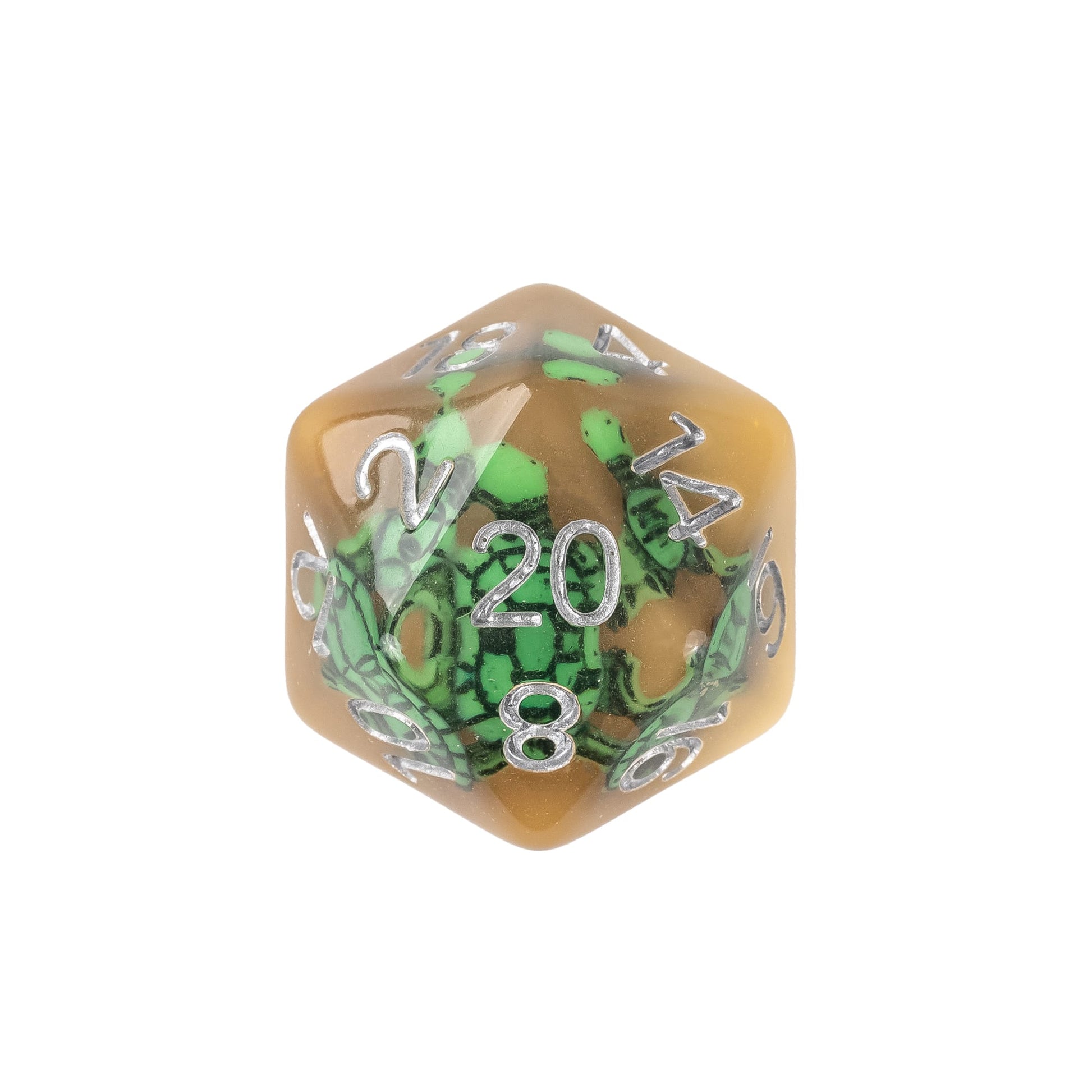 Transparent Green Turtle dice set featuring miniature green turtle inclusions suspended in resin for DnD and tabletop RPGs