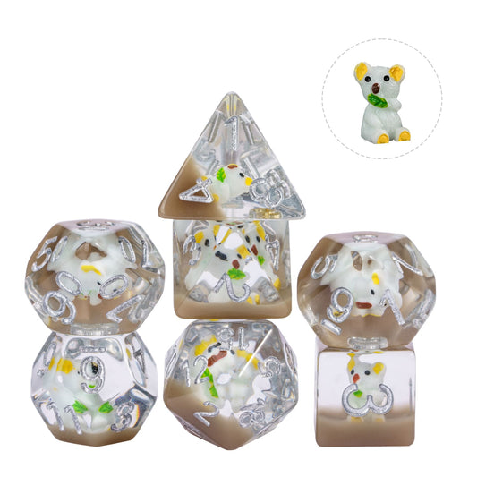 Transparent Koala dice set, 7 piece resin polyhedral dice with koala inside for DnD & RPG