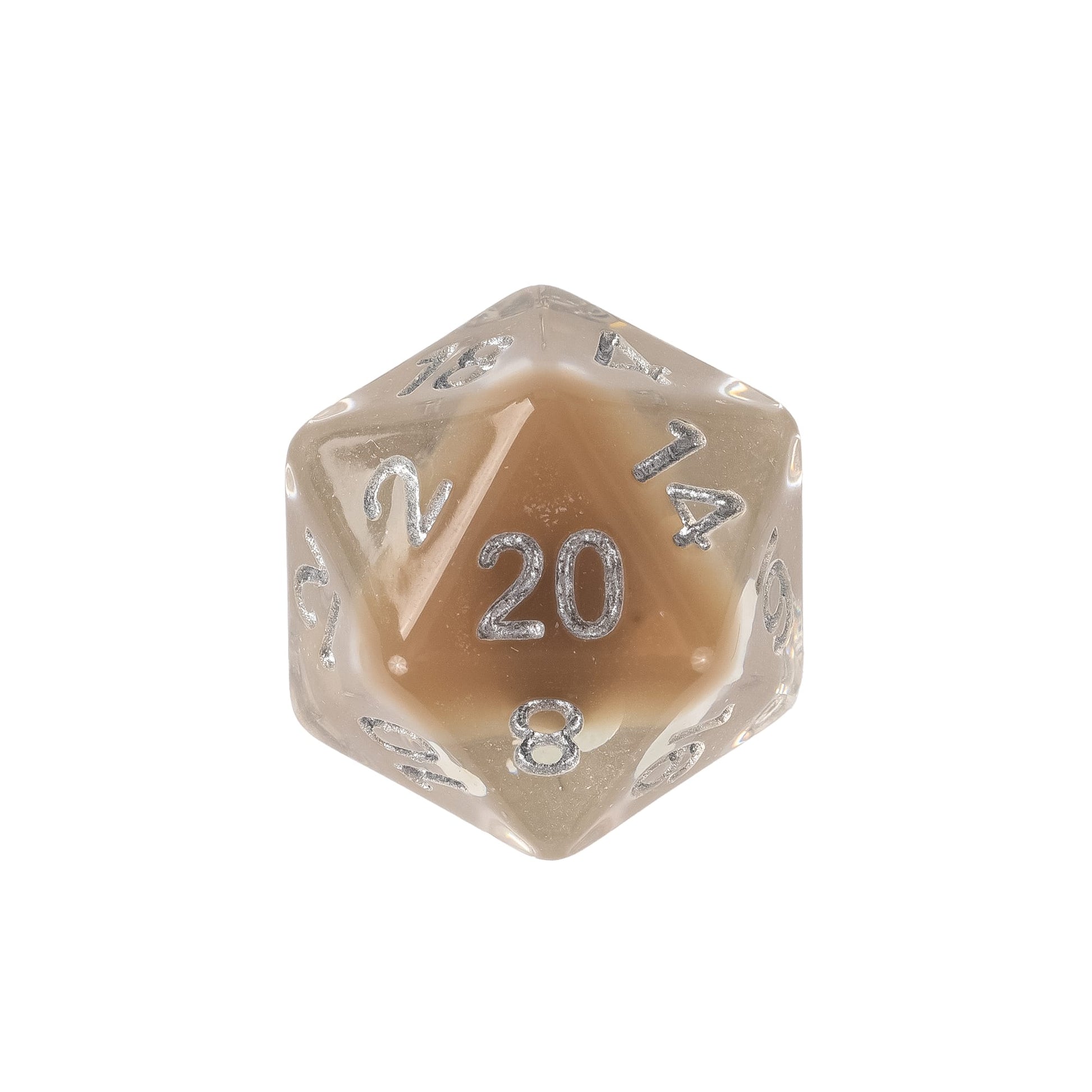 Transparent resin D20 featuring a miniature koala with silver numbering
