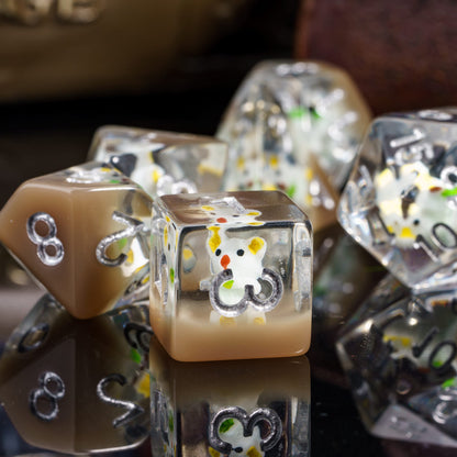 Transparent Koala D6 dice close up, resin dice with koala figure inside for tabletop RPGs