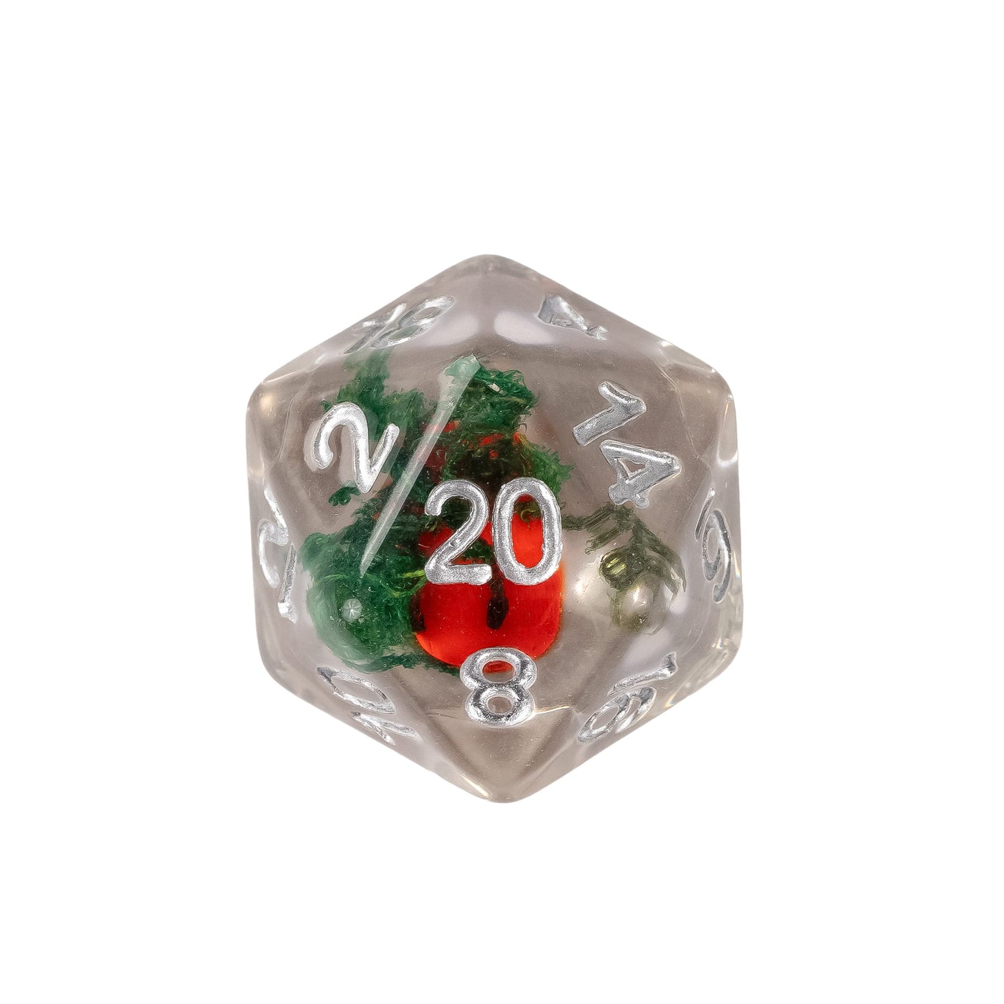 Transparent resin D20 featuring a red ladybug with green foliage and silver numbering
