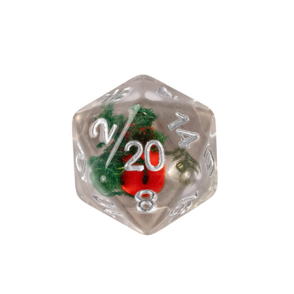 Transparent resin D20 featuring a red ladybug with green foliage and silver numbering
