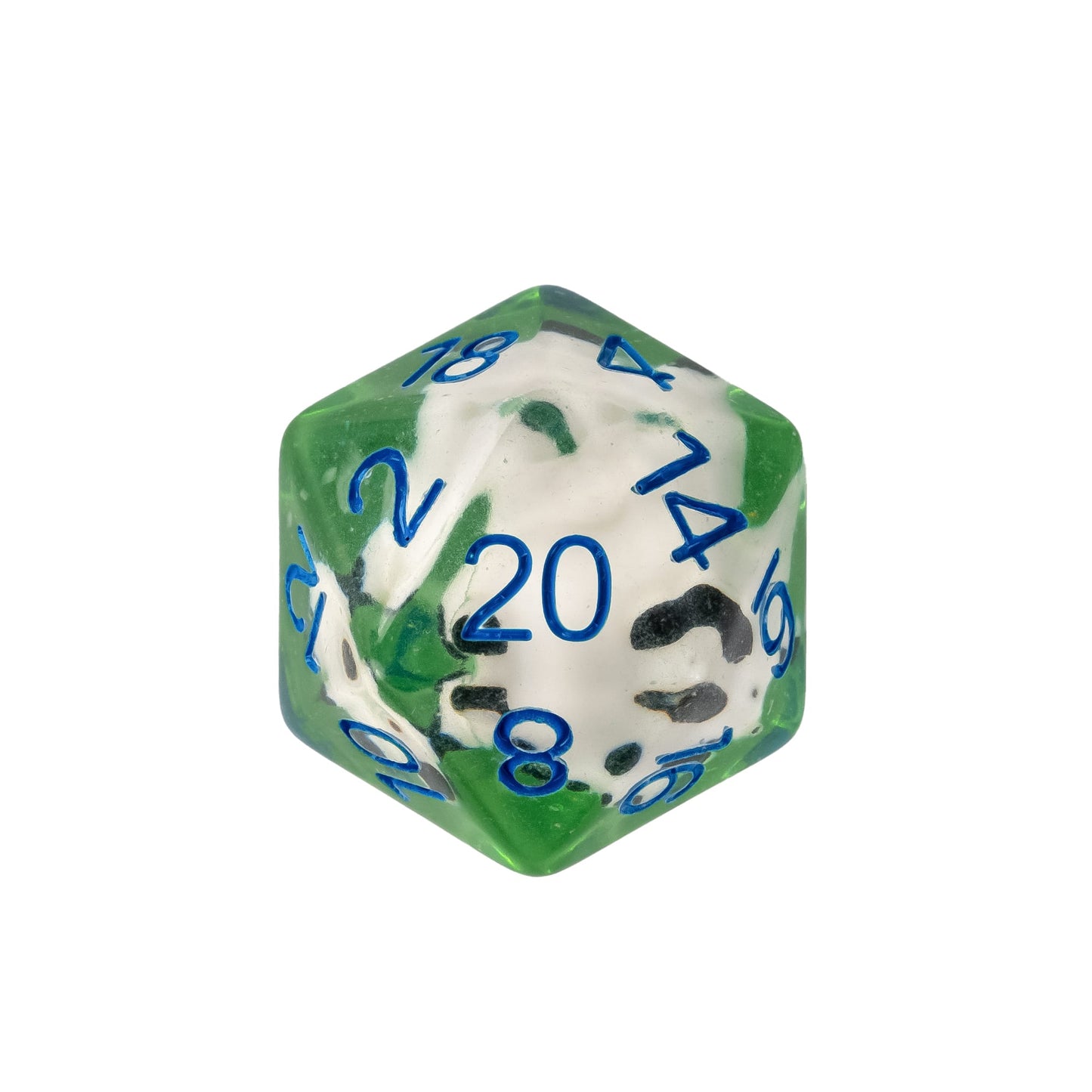 Transparent resin D20 featuring a miniature panda inclusion with blue numbering