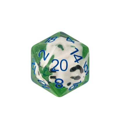 Transparent resin D20 featuring a miniature panda inclusion with blue numbering