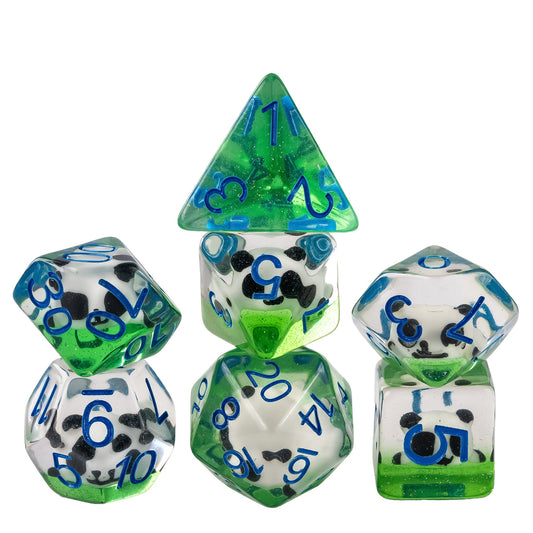 Transparent panda dice set with miniature panda inclusions suspended in clear and green resin with blue numbering