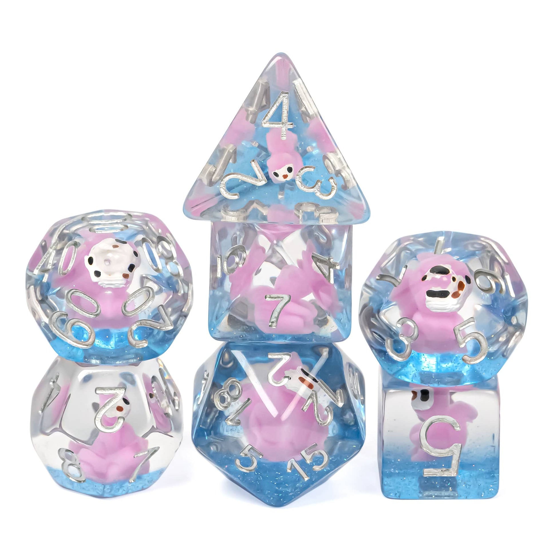 Stacked dice from Transparent Pink Squirrel Dice Set with visible squirrel miniatures inside