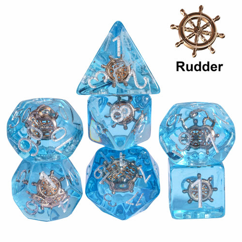 Transparent Rudder dice set, blue resin polyhedral dice with embedded rudder for DnD & RPG