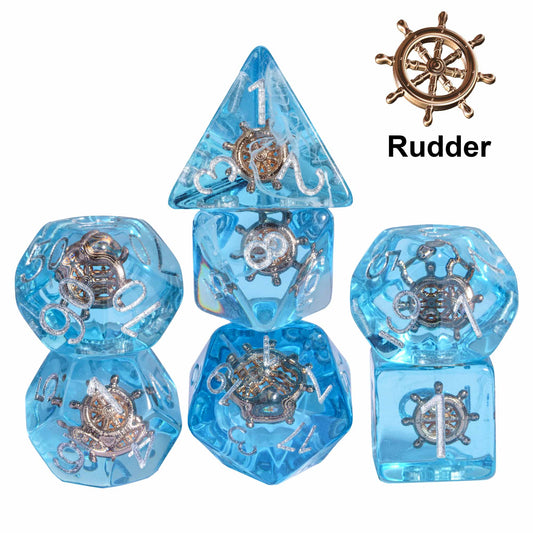 Transparent Rudder dice set, blue resin polyhedral dice with embedded rudder for DnD & RPG