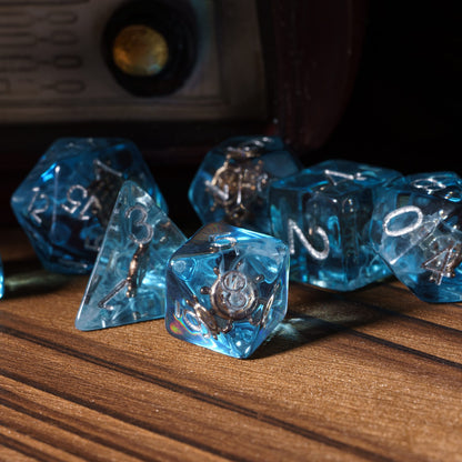 Transparent Rudder resin dice set, blue polyhedral dice with rudder inside for tabletop RPG