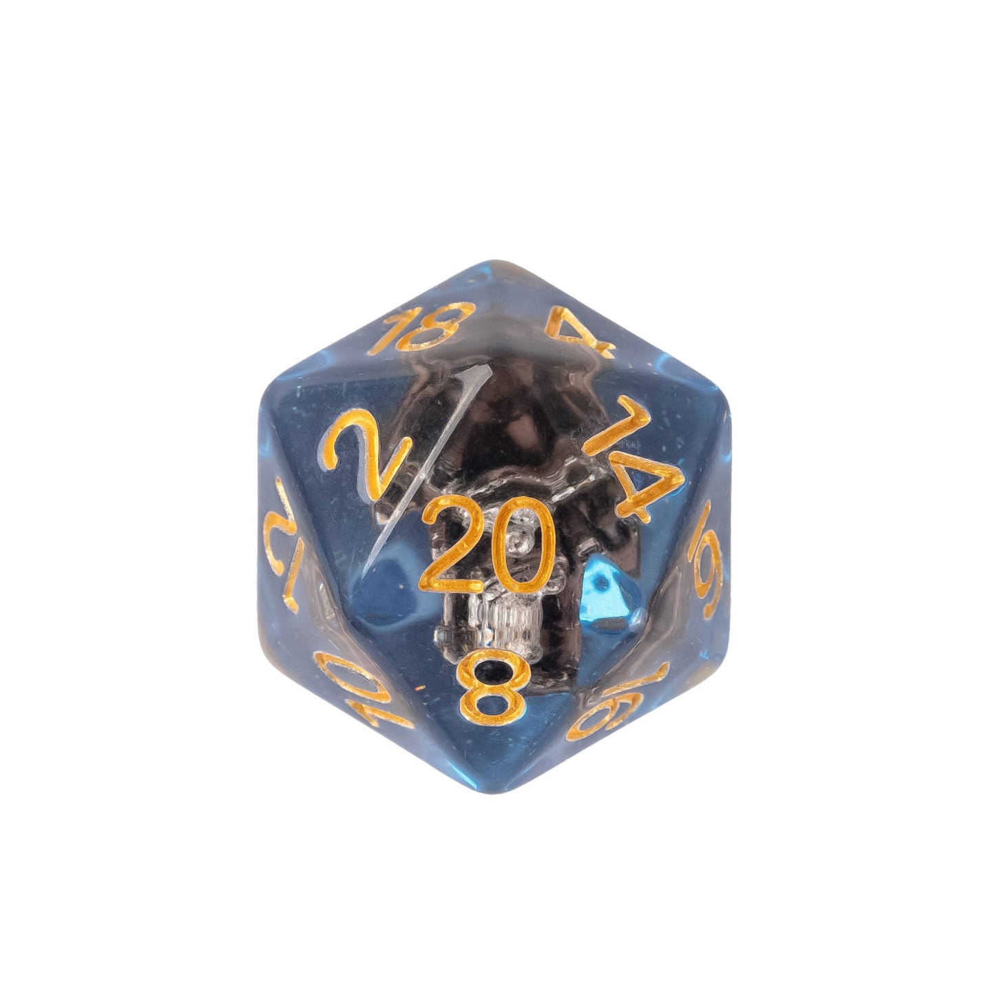 Transparent blue resin D20 featuring a miniature black sail boat with gold numbering