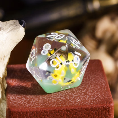 Transparent Yellow Cat D20 resin dice with embedded yellow cat figurine for DnD campaigns.