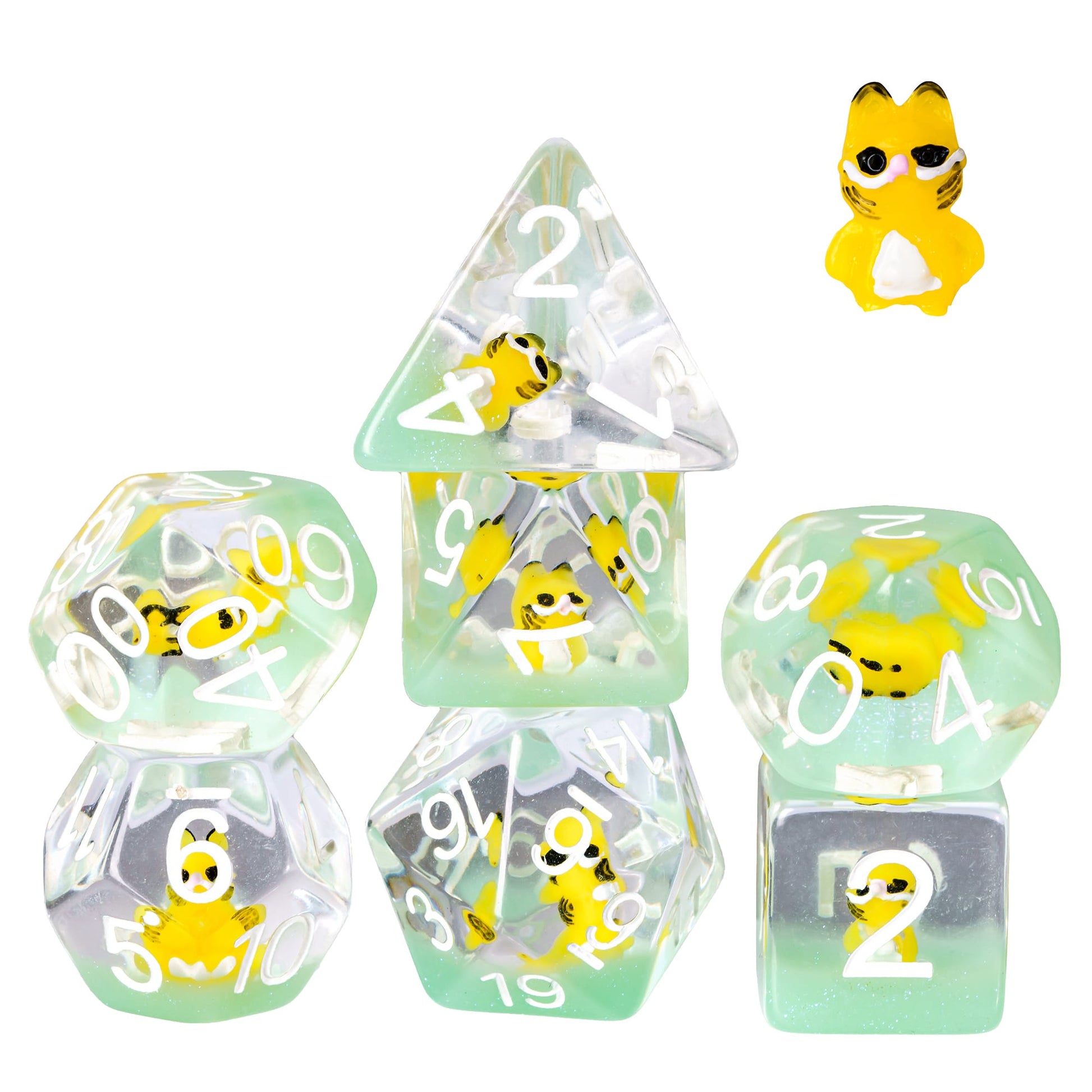 Full 7 piece Transparent Yellow Cat Dice Set with miniature cat figures inside resin dice for TTRPG.