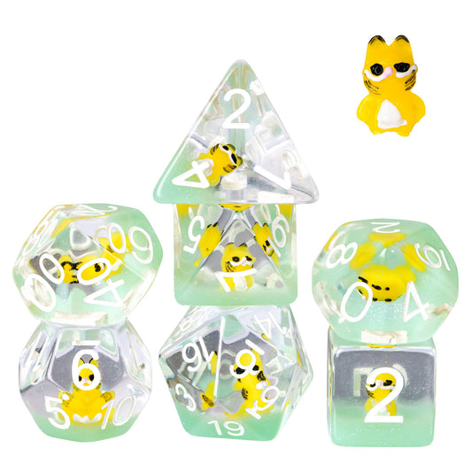 Full 7 piece Transparent Yellow Cat Dice Set with miniature cat figures inside resin dice for TTRPG.