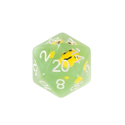 Transparent Yellow Cat dice set featuring miniature yellow cat inclusions suspended in clear resin for DnD and tabletop RPGs