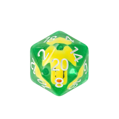 Transparent green resin D20 featuring a yellow ducky inclusion with white numbering