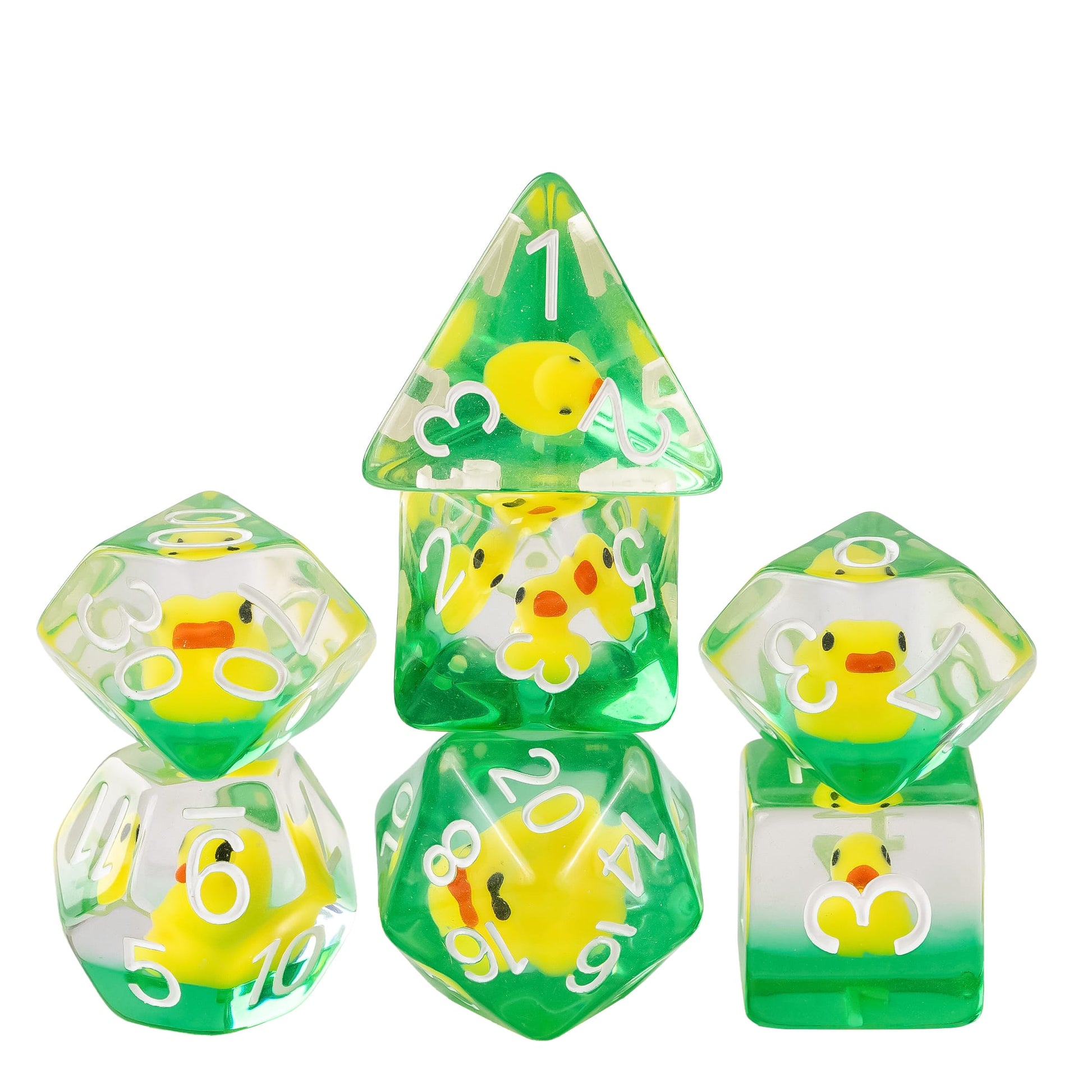 Transparent yellow ducky dice set with miniature duck inclusions in green resin and white numbering