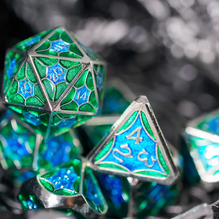 Turquoise Shine metal DND dice set featuring close-up of green and blue d20