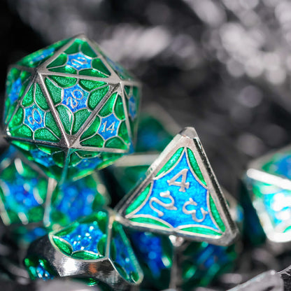 Turquoise Shine metal DND dice set featuring close-up of green and blue d20