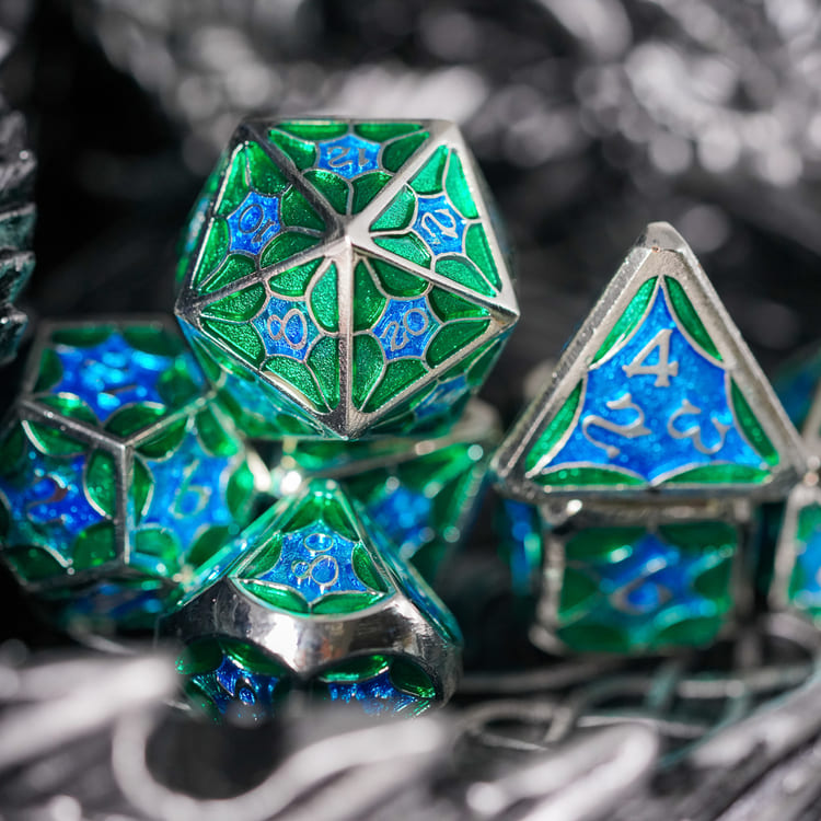 Turquoise Shine metal DND dice set with triangle d4 shown at angle
