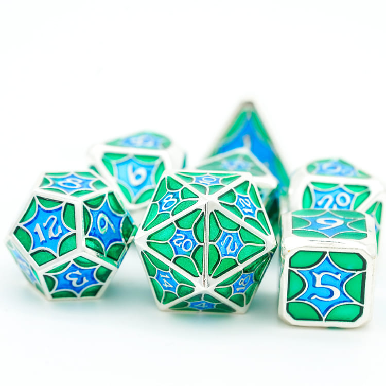 Turquoise Shine metal DND dice set with d20 and d6 in front view