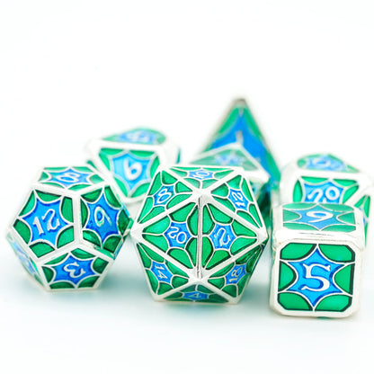 Turquoise Shine metal DND dice set with d20 and d6 in front view
