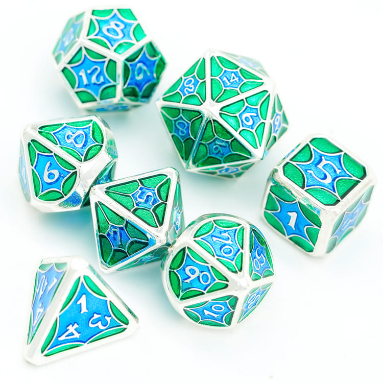 Turquoise Shine metal DND dice set with full 7-piece polyhedral layout