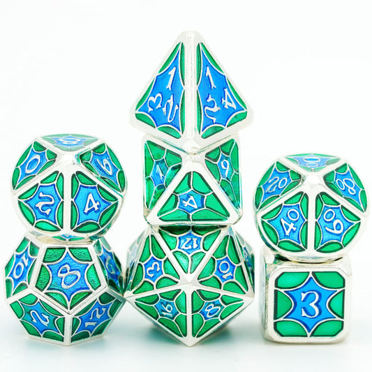 Turquoise Shine metal DND dice set stacked vertically to highlight design