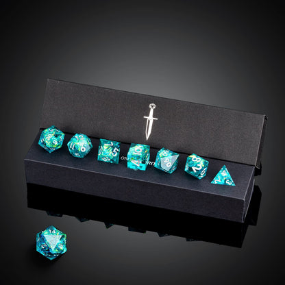 Turquoise Soul Sharp Edge Dice Set in presentation box with full 7 piece polyhedral collection