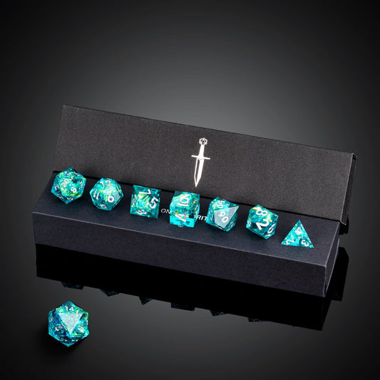 Turquoise Soul Sharp Edge Dice Set in presentation box with full 7 piece polyhedral collection