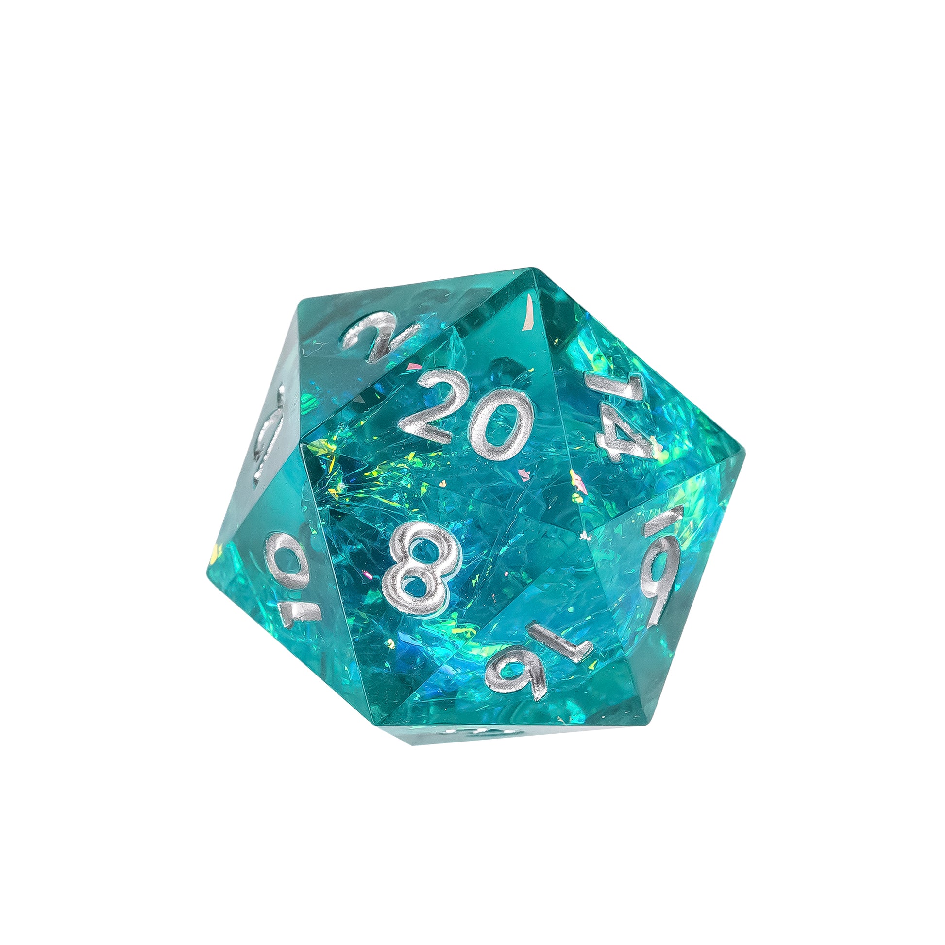 Close up of Turquoise Soul Sharp Edge D20 with teal resin, iridescent foil flakes, and silver engraved numbers for DnD