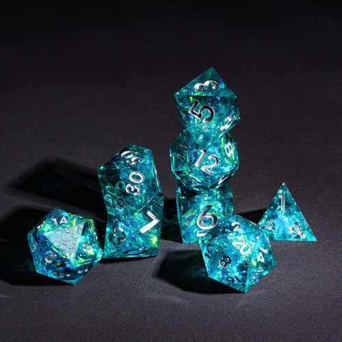 Stacked Turquoise Soul Sharp Edge Dice Set showing crystal clear turquoise resin and silver numbering