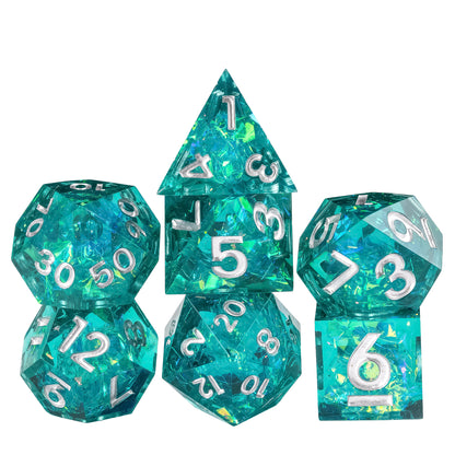 Stacked display of Turquoise Soul Sharp Edge Dice Set 7 piece collection with teal resin and silver numbers for DnD & DnD 5e
