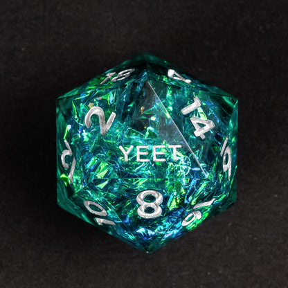 Display of Turquoise Soul Sharp Edge Yeet Dice Set with shimmering turquoise & silver tones