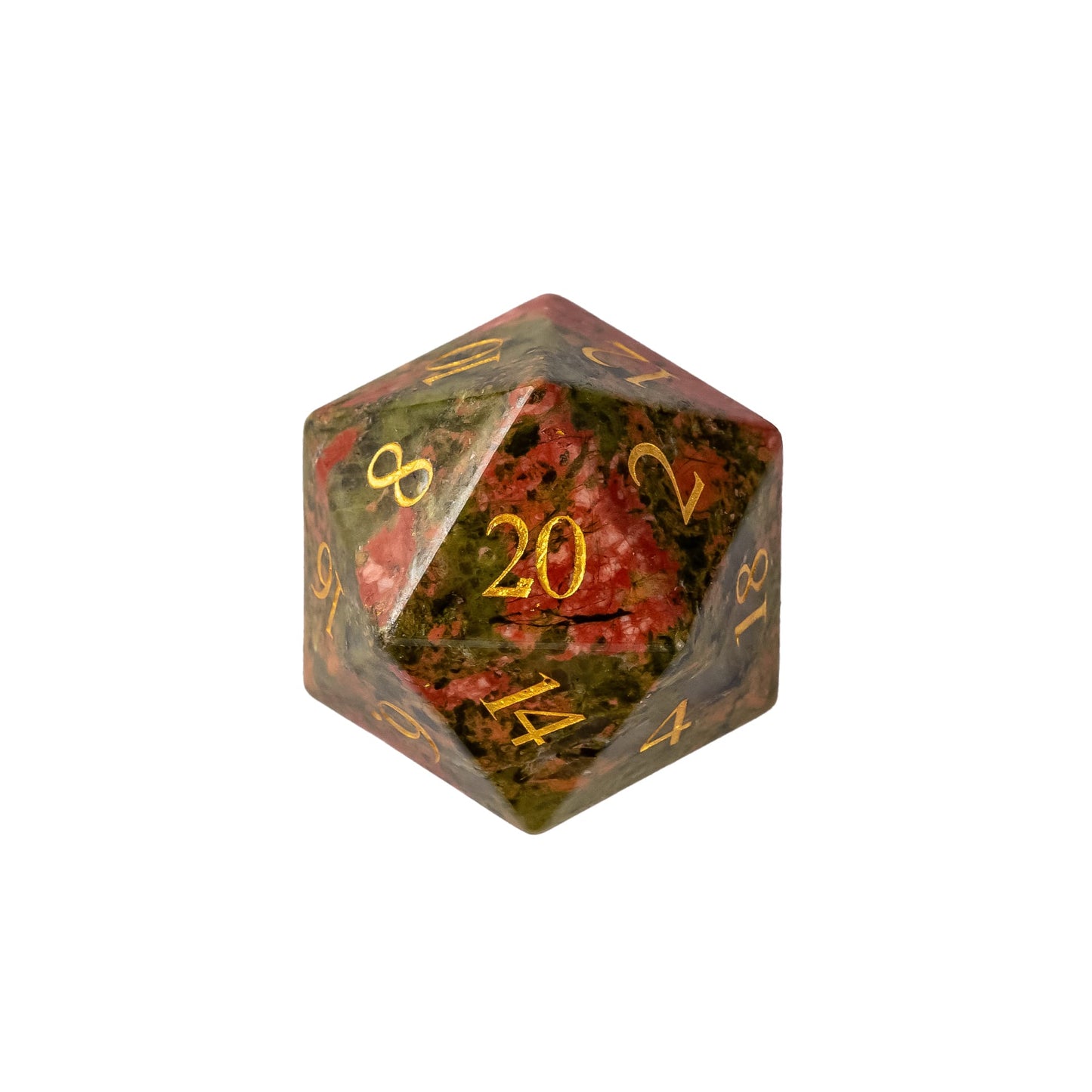 Unakite Paste Stone Dice Set D20 crafted from natural unakite stone with green and salmon pink mineral patterns and gold numbering for DnD and tabletop RPGs