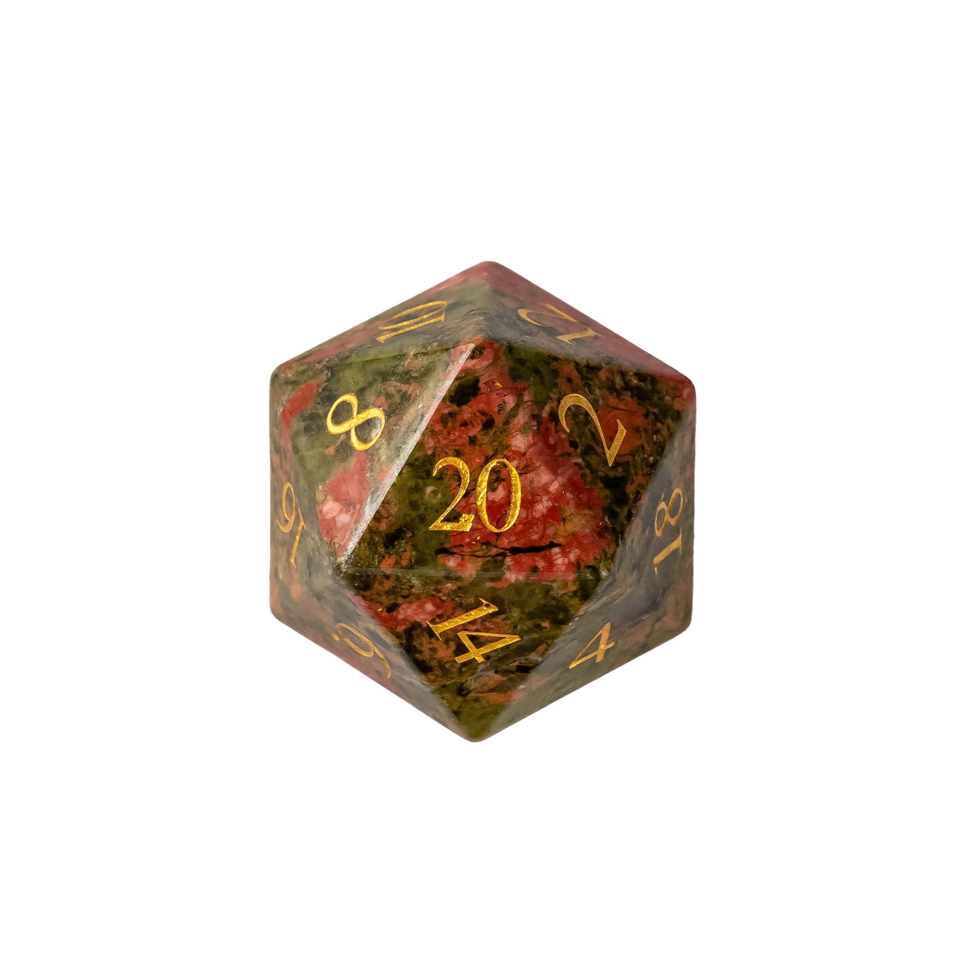 Unakite Paste Stone Dice Set D20 crafted from natural unakite stone with green and salmon pink mineral patterns and gold numbering for DnD and tabletop RPGs