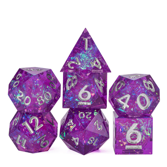 Violet Beam dice set stacked on white background, bright violet resin with silver numbering, RPG dice set