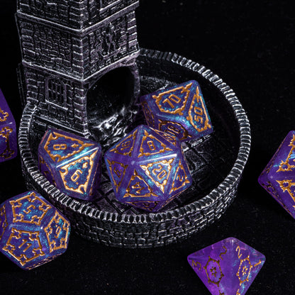 Violet Elixir Chonk Dice Set displayed in castle terrain for fantasy tabletop adventures